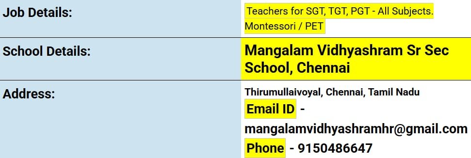 School Jobs at  Mangalam Vidhyashram Sr Sec School, Chennai  ,  Chennai